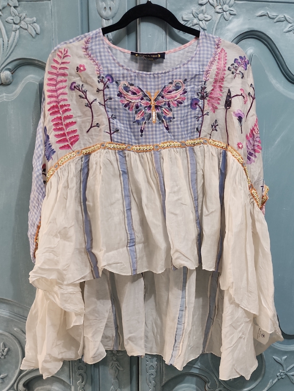 Boho Embroidered Floral Peasant Blouse - White & Lavender